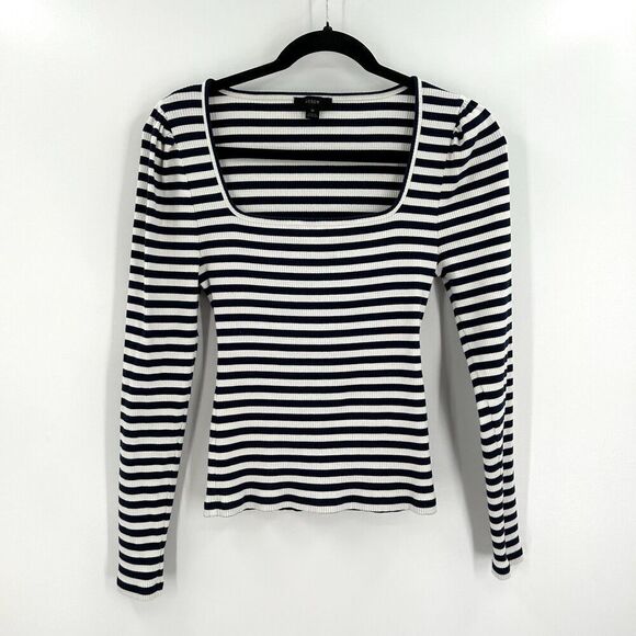 J. CREW Navy Blue White Striped Ribbed Stretch Cotton Square Neck Shirt Medium - Picture 3 of 7